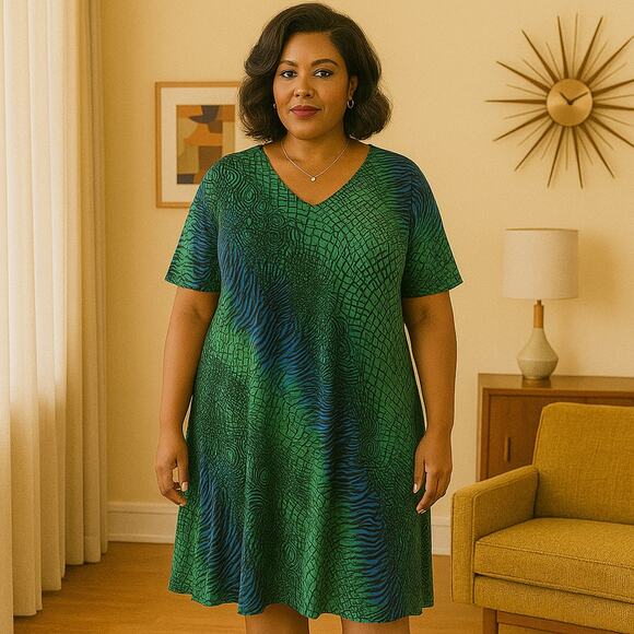 Serengeti Dress Womens Size X-Large Liquid Knit Blue Green Tropical Kawaii Midi - Picture 1 of 6